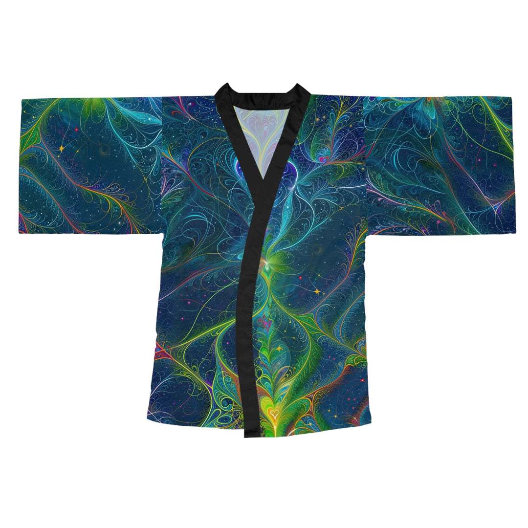 Vibrant Fractal Blossom - Long Sleeve Kimono Robe - All Over Prints - g(0D·IO) - XS - Black -