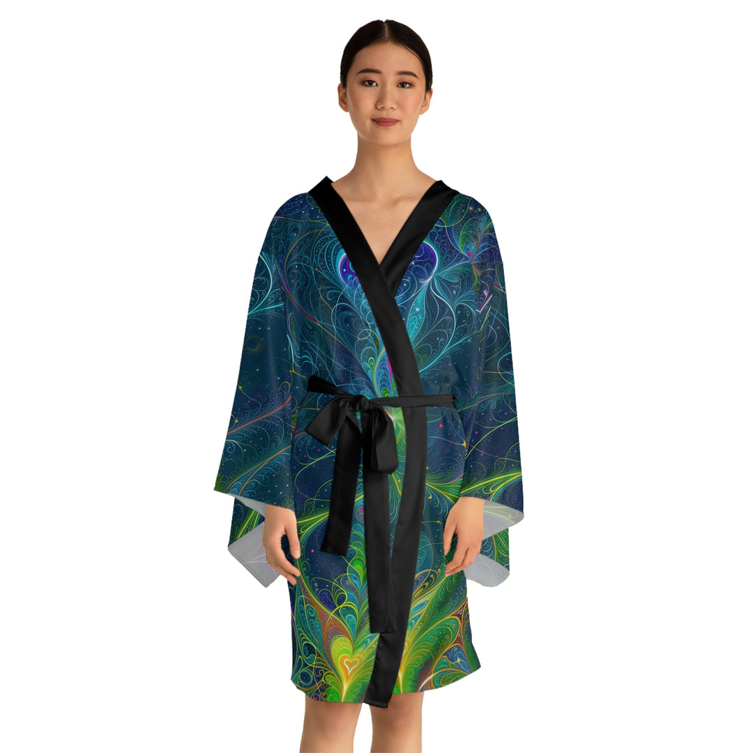 Vibrant Fractal Blossom - Long Sleeve Kimono Robe - All Over Prints - g(0D·IO) - XS - Black -