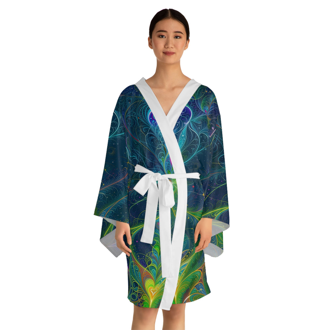 Vibrant Fractal Blossom - Long Sleeve Kimono Robe - All Over Prints - g(0D·IO) - XS - Black -