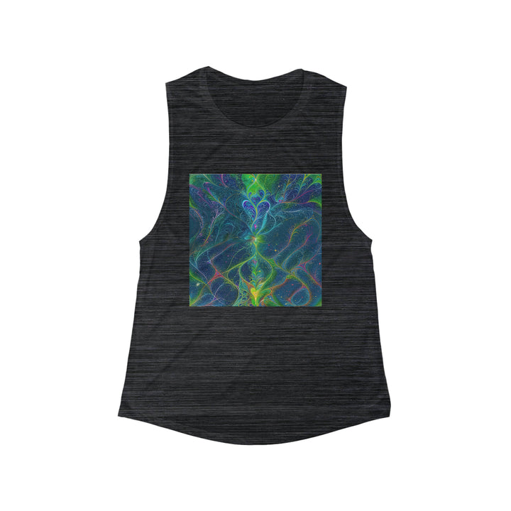 Vibrant Fractal Blossom - Women's Flowy Scoop Muscle Tank - Tank Top - g(0D·IO) - S - Black Slub -