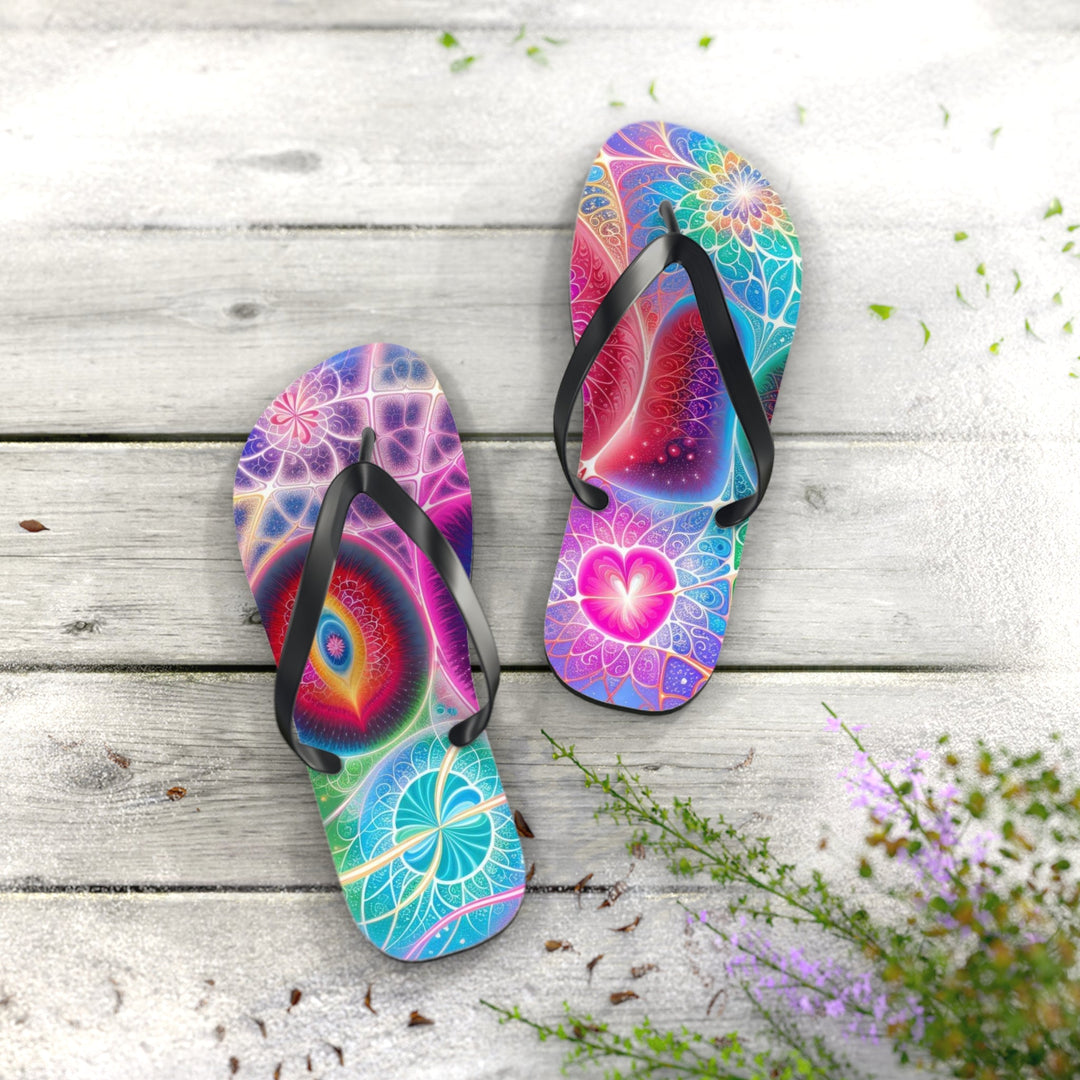 Vibrant Fractal Blossoms - Flip Flops - Shoes - g(0D·IO) - XL - Black sole -