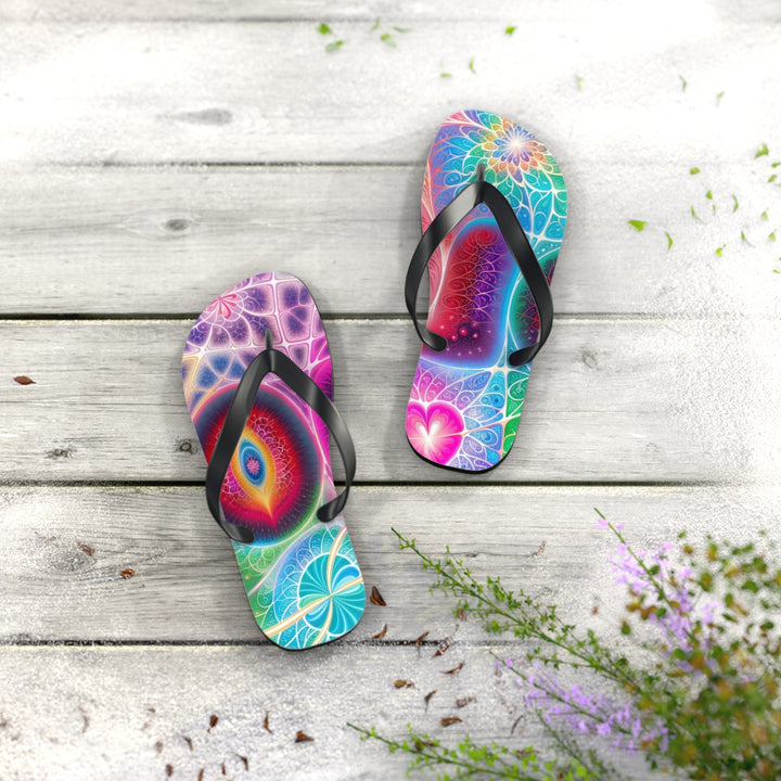 Vibrant Fractal Blossoms - Flip Flops - Shoes - g(0D·IO) - XL - Black sole -