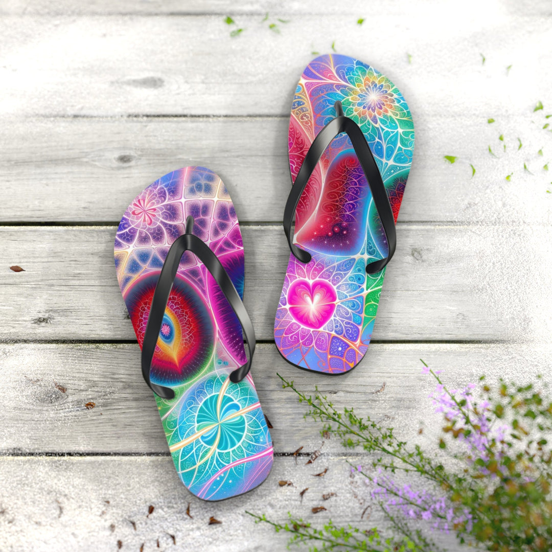 Vibrant Fractal Blossoms - Flip Flops - Shoes - g(0D·IO) - XL - Black sole -