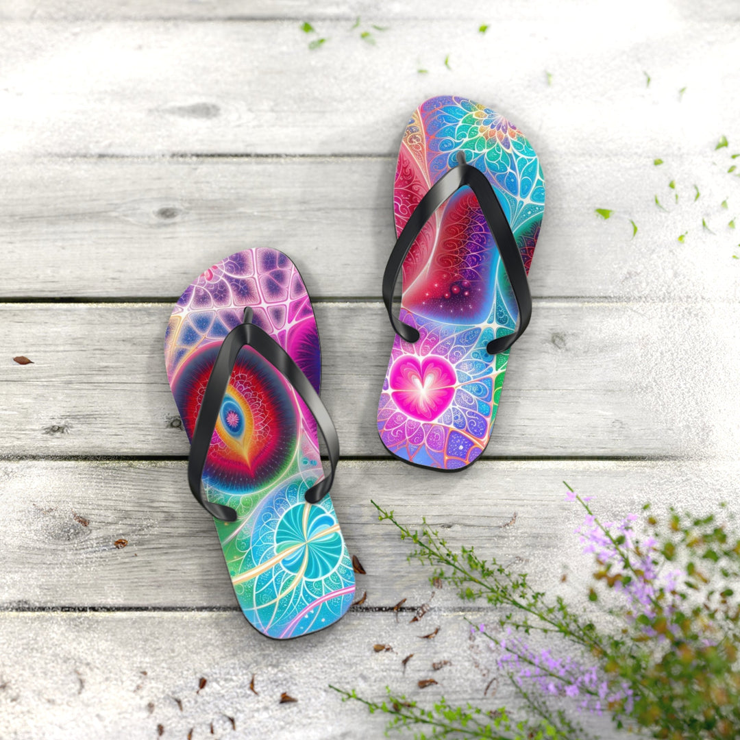 Vibrant Fractal Blossoms - Flip Flops - Shoes - g(0D·IO) - XL - Black sole -