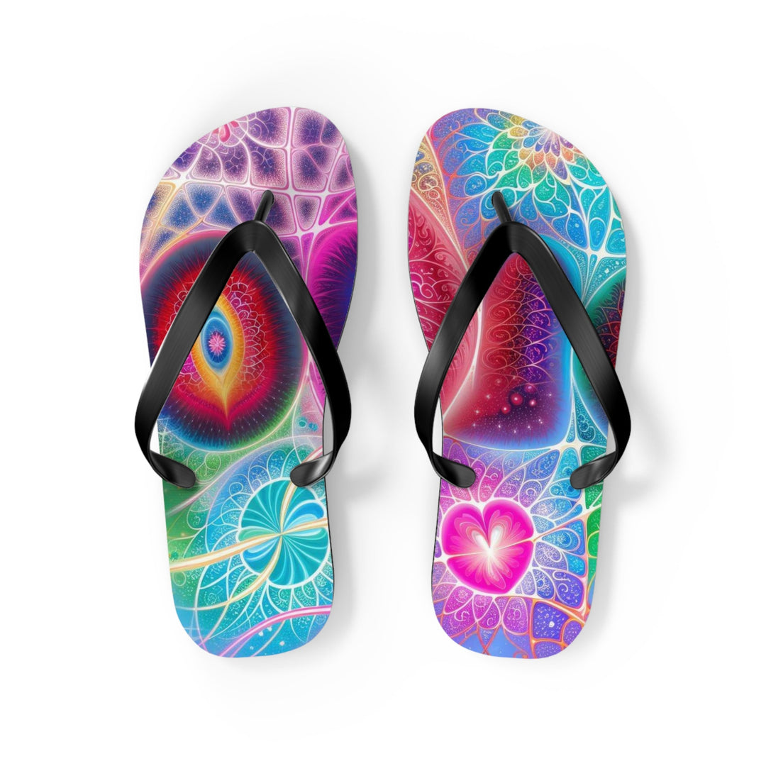 Vibrant Fractal Blossoms - Flip Flops - Shoes - g(0D·IO) - M - Black sole -