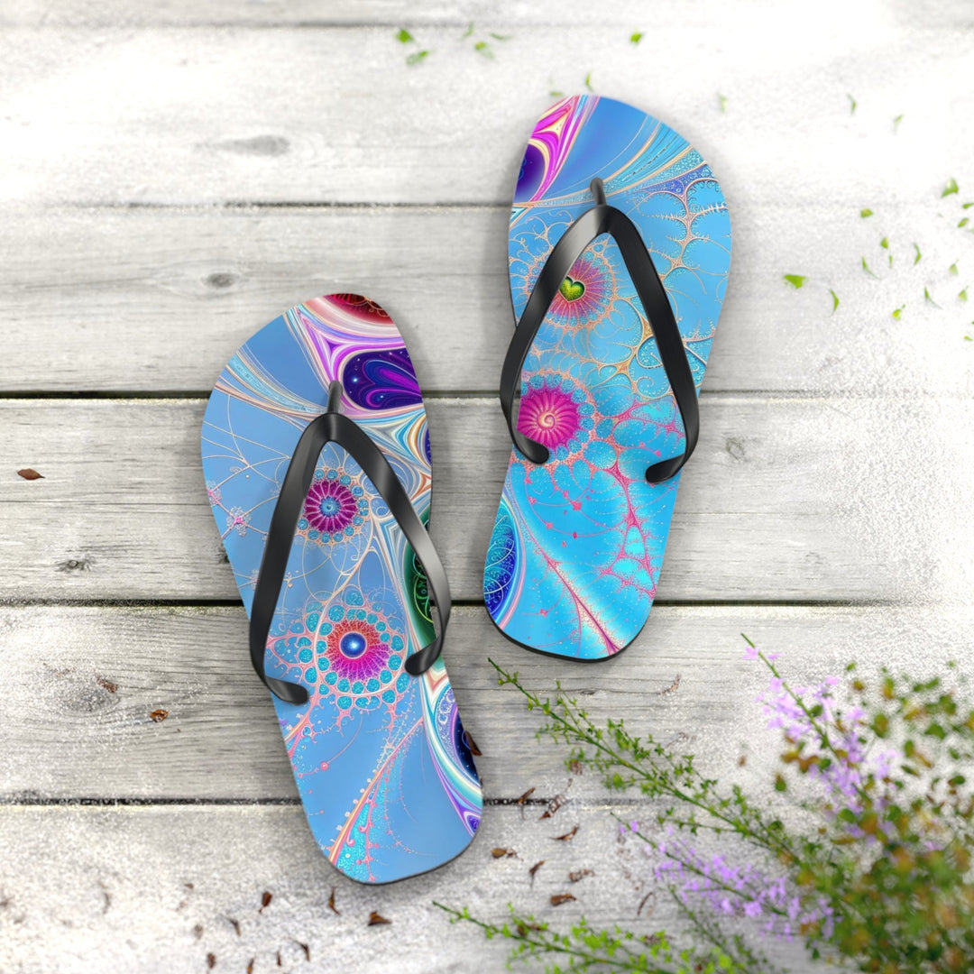 Vibrant Fractal Blossoms - Flip Flops - Shoes - g(0D·IO) - XL - Black sole -