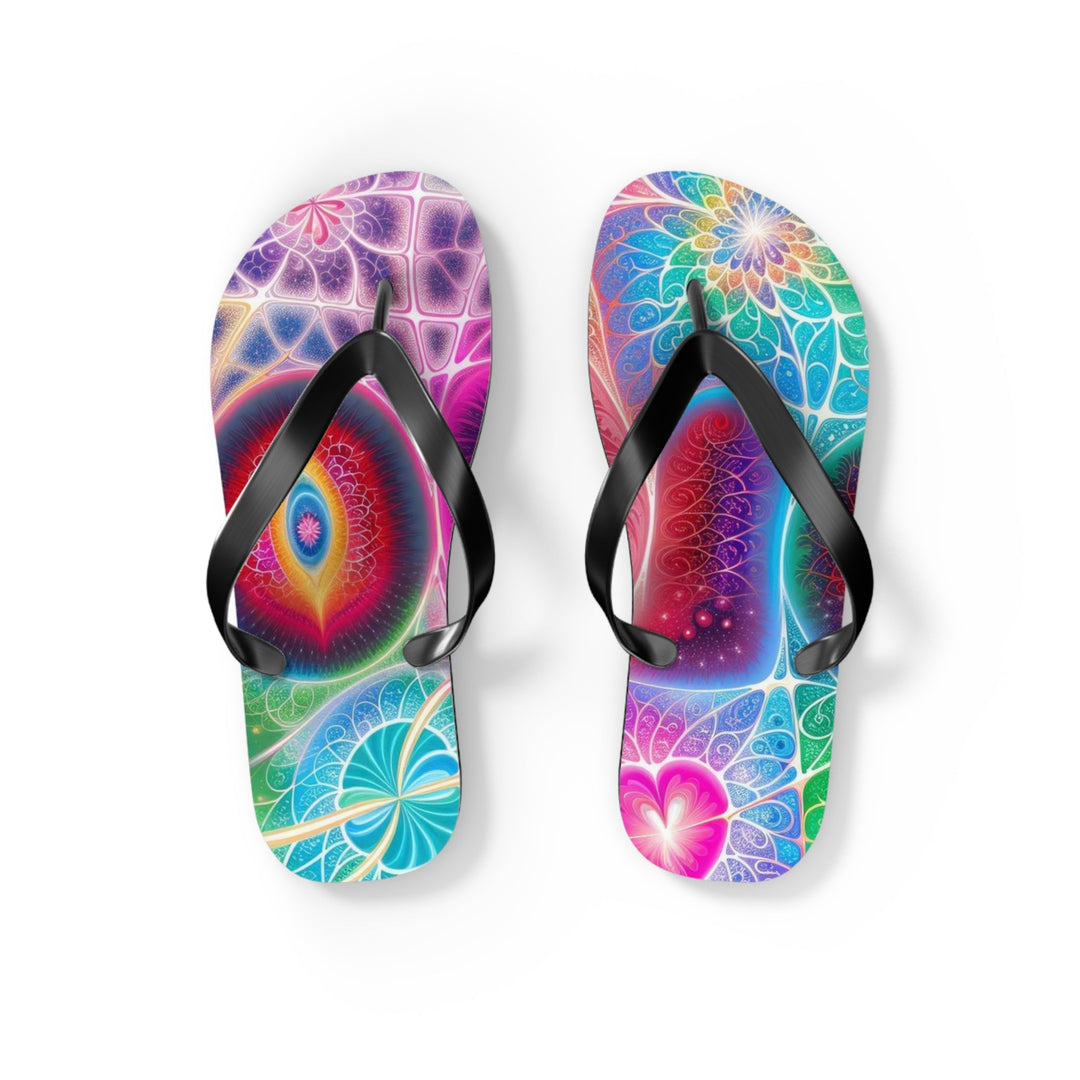 Vibrant Fractal Blossoms - Flip Flops - Shoes - g(0D·IO) - S - Black sole -