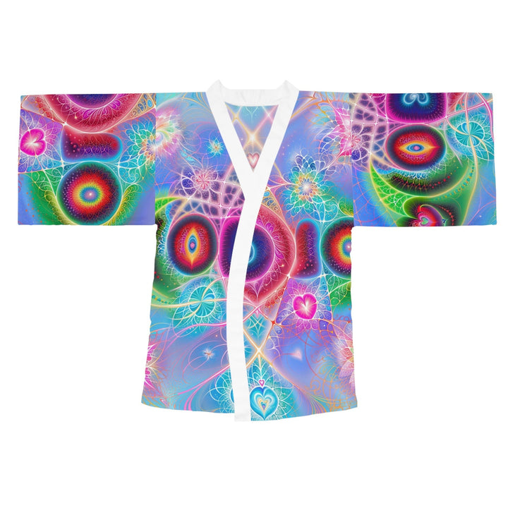 Vibrant Fractal Blossoms - Long Sleeve Kimono Robe - All Over Prints - g(0D·IO) - XS - White -