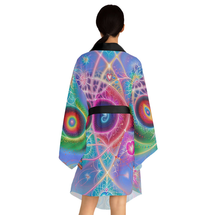 Vibrant Fractal Blossoms - Long Sleeve Kimono Robe - All Over Prints - g(0D·IO) - XS - Black -