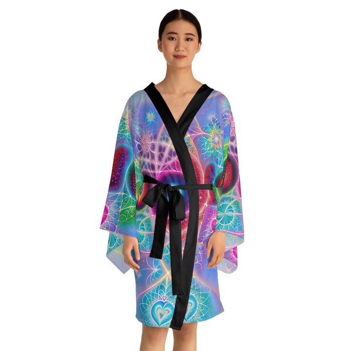 Vibrant Fractal Blossoms - Long Sleeve Kimono Robe - All Over Prints - g(0D·IO) - XS - Black -