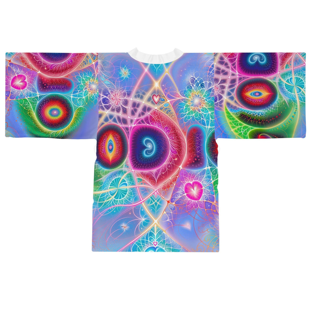 Vibrant Fractal Blossoms - Long Sleeve Kimono Robe - All Over Prints - g(0D·IO) - XS - Black -