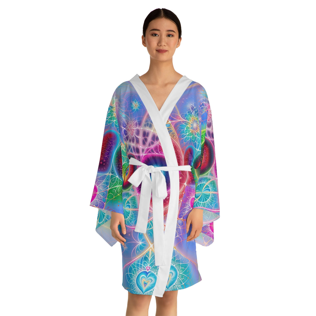 Vibrant Fractal Blossoms - Long Sleeve Kimono Robe - All Over Prints - g(0D·IO) - XS - Black -