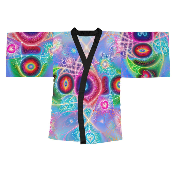 Vibrant Fractal Blossoms - Long Sleeve Kimono Robe - All Over Prints - g(0D·IO) - XS - Black -