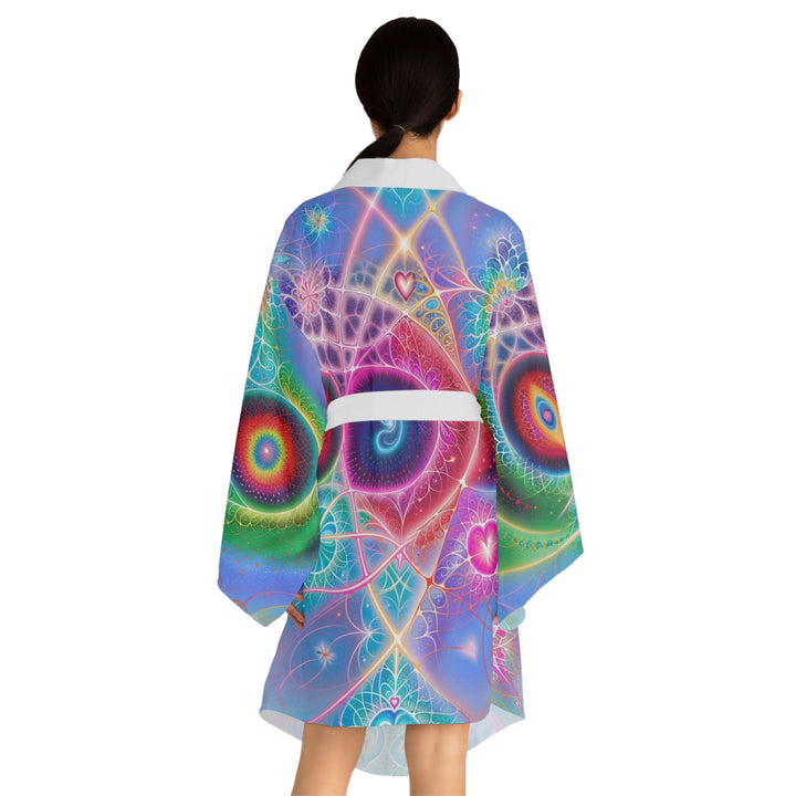 Vibrant Fractal Blossoms - Long Sleeve Kimono Robe - All Over Prints - g(0D·IO) - XS - Black -