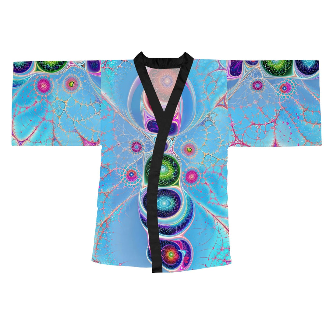 Vibrant Fractal Blossoms - Long Sleeve Kimono Robe - All Over Prints - g(0D·IO) - XS - Black -