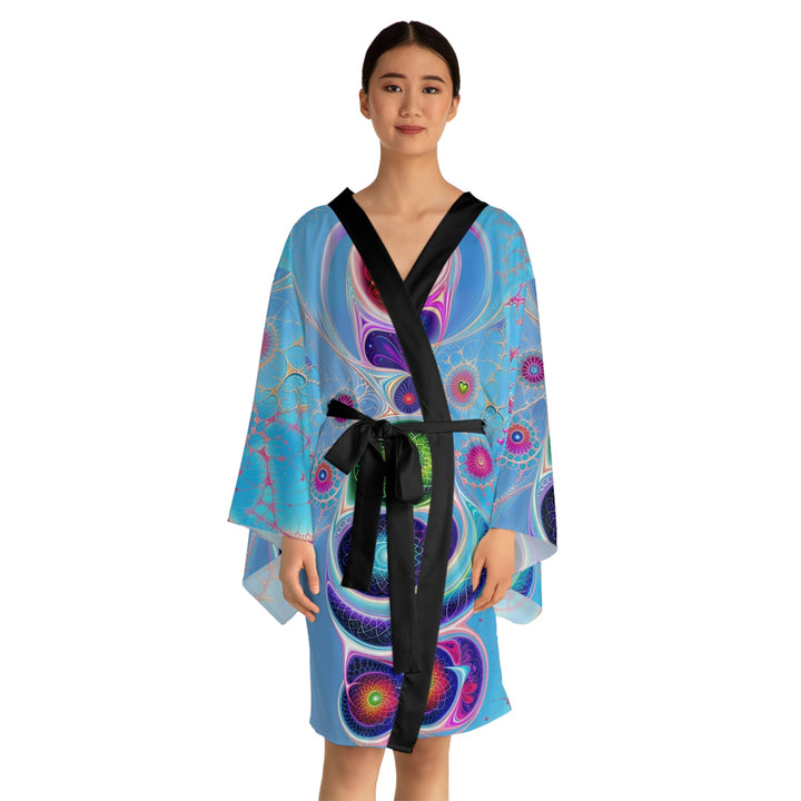 Vibrant Fractal Blossoms - Long Sleeve Kimono Robe - All Over Prints - g(0D·IO) - XS - Black -