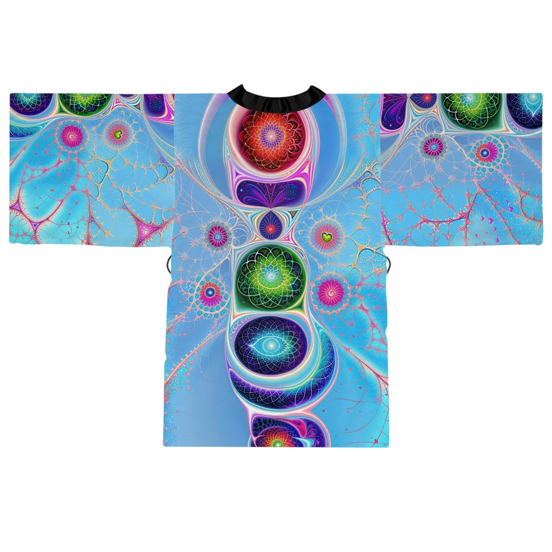 Vibrant Fractal Blossoms - Long Sleeve Kimono Robe - All Over Prints - g(0D·IO) - XS - Black -