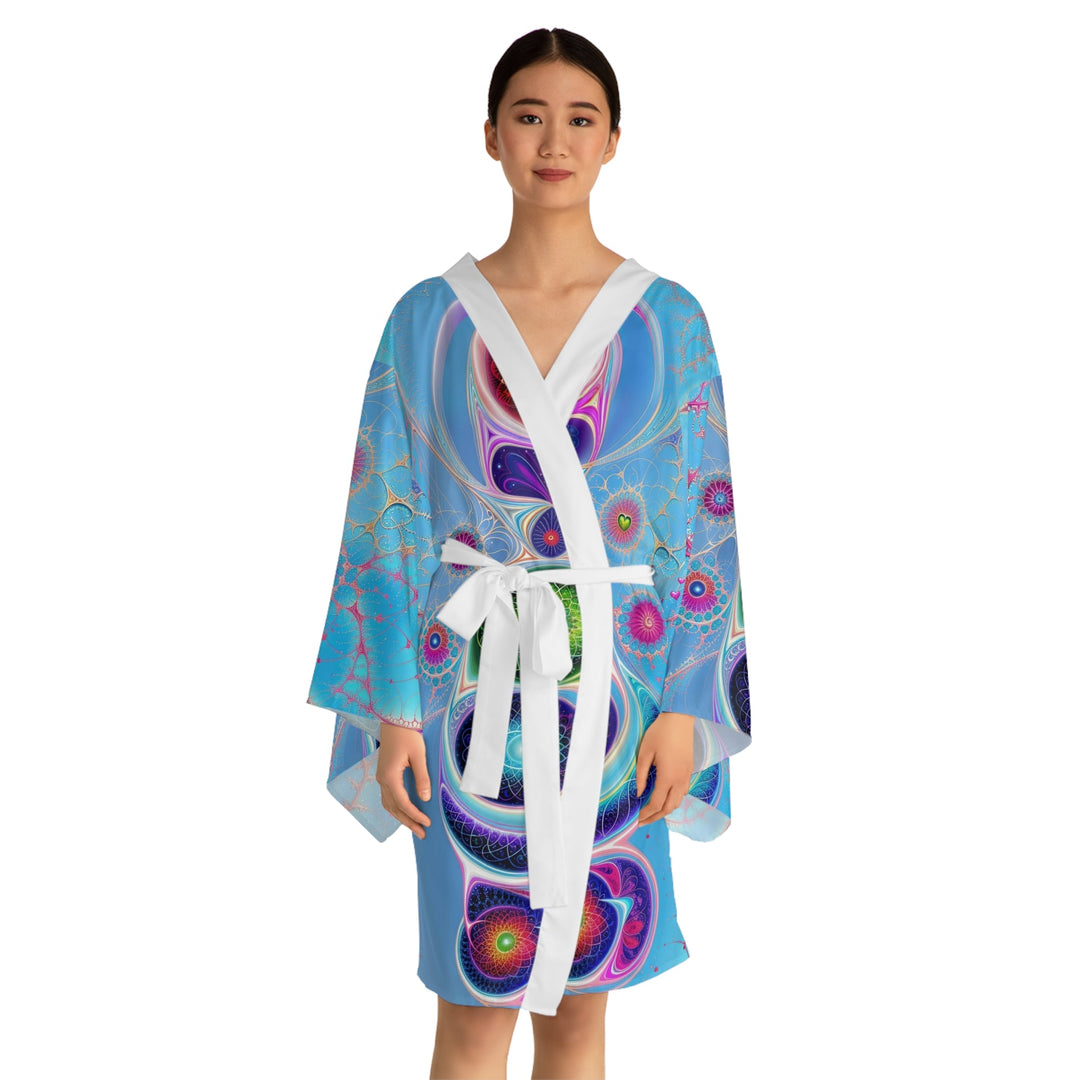 Vibrant Fractal Blossoms - Long Sleeve Kimono Robe - All Over Prints - g(0D·IO) - XS - Black -