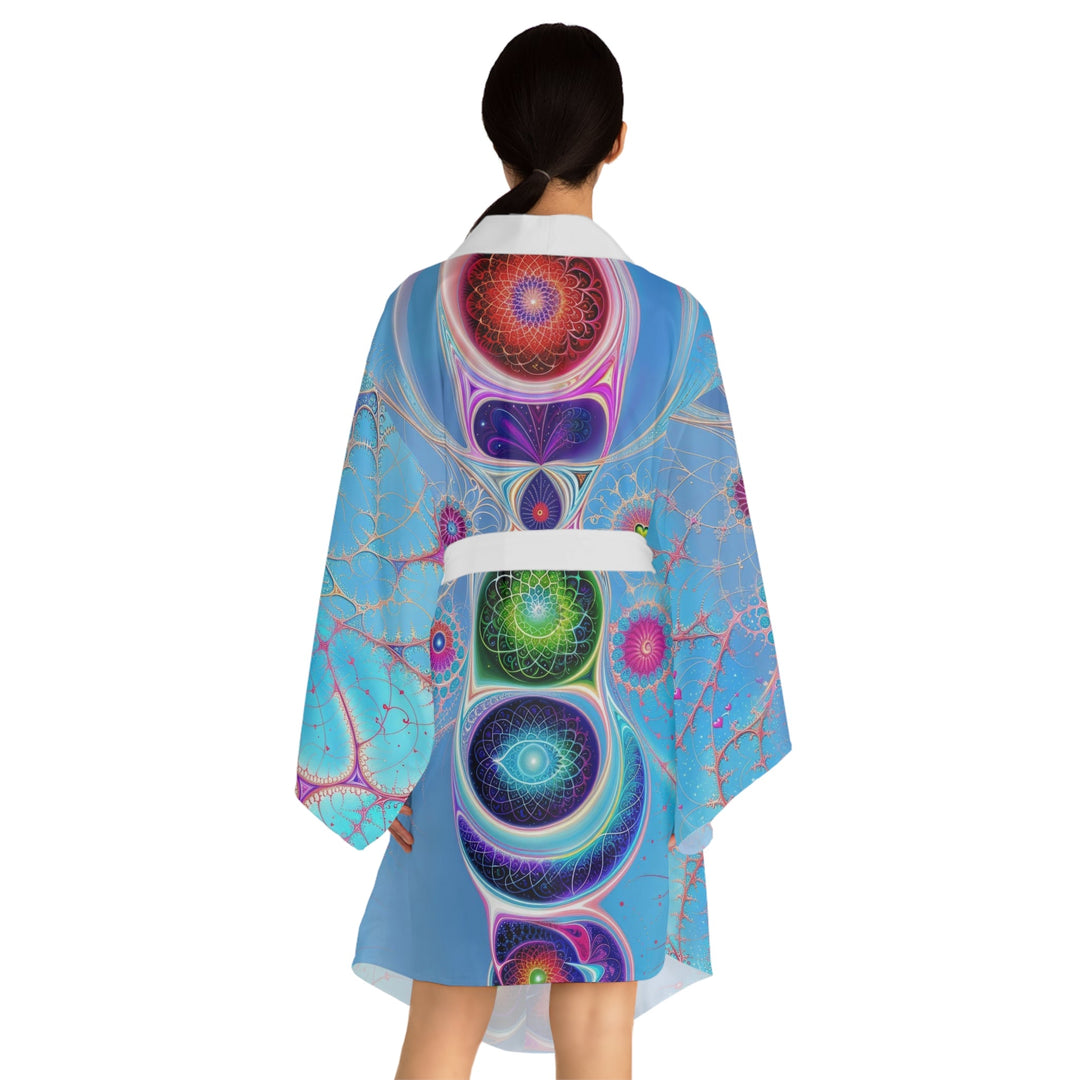 Vibrant Fractal Blossoms - Long Sleeve Kimono Robe - All Over Prints - g(0D·IO) - XS - Black -