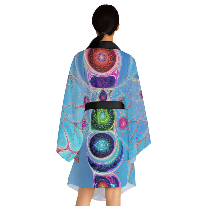 Vibrant Fractal Blossoms - Long Sleeve Kimono Robe - All Over Prints - g(0D·IO) - XS - Black -