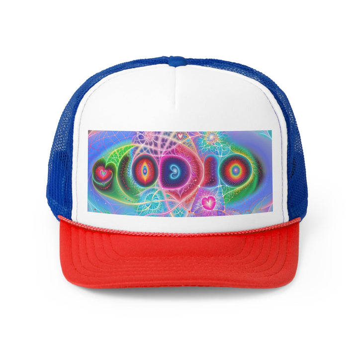 Vibrant Fractal Blossoms - Trucker Hat - Hats - g(0D·IO) - Blue/Red - One size -