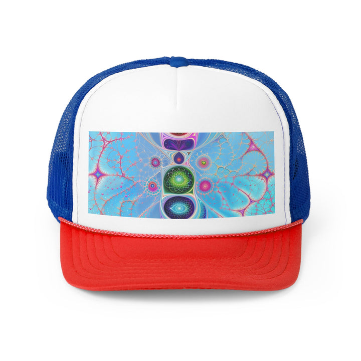 Vibrant Fractal Blossoms - Trucker Hat - Hats - g(0D·IO) - Blue/Red - One size -