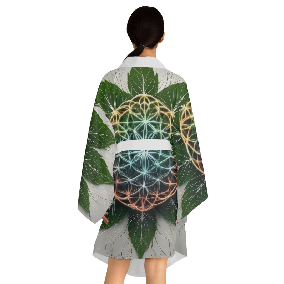 Vibrant Geometric Botanical - Long Sleeve Kimono Robe - All Over Prints - g(0D·IO) - XS - Black -