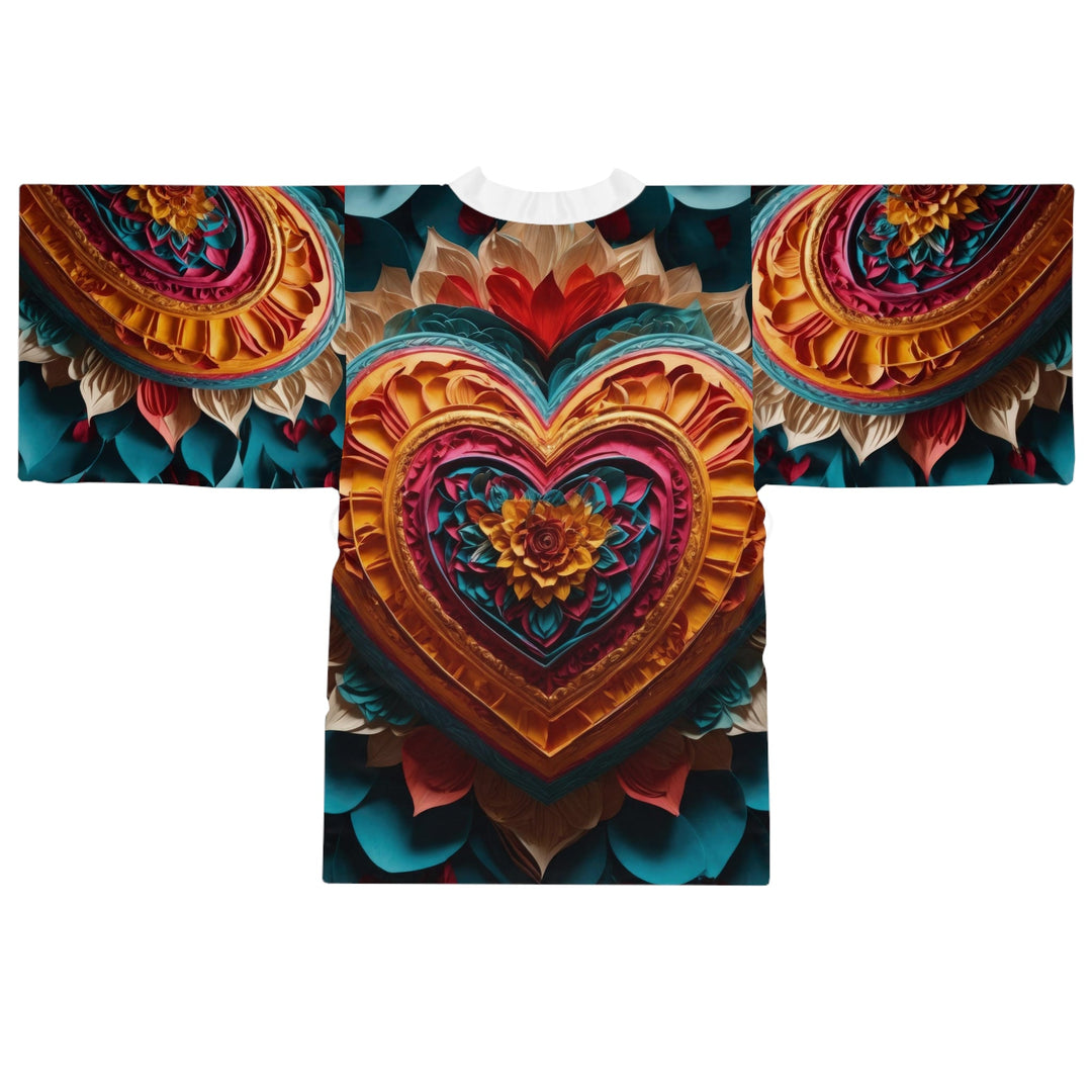 Vibrant Heart Bloom - Long Sleeve Kimono Robe - All Over Prints - g(0D·IO) - XS - Black -