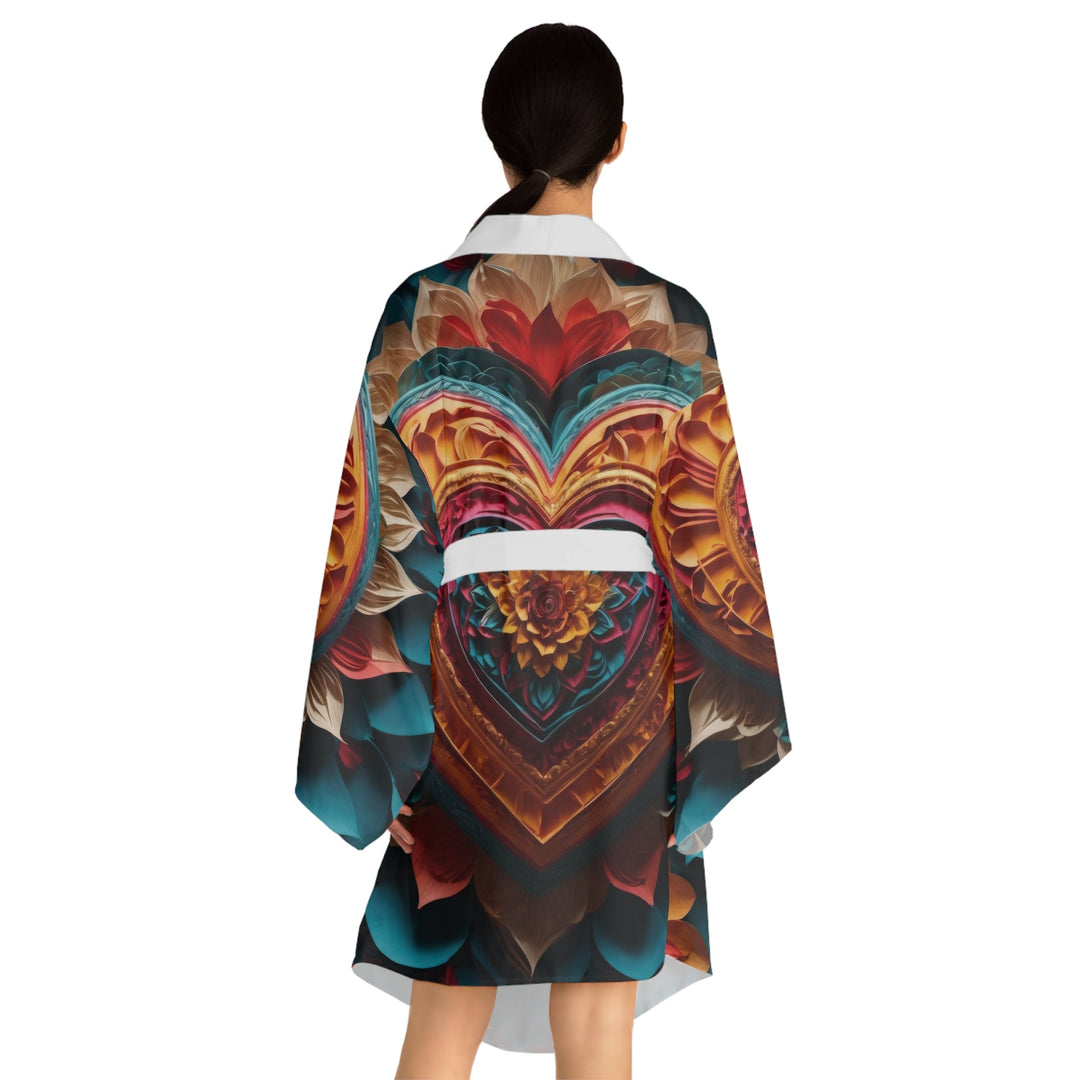 Vibrant Heart Bloom - Long Sleeve Kimono Robe - All Over Prints - g(0D·IO) - XS - Black -