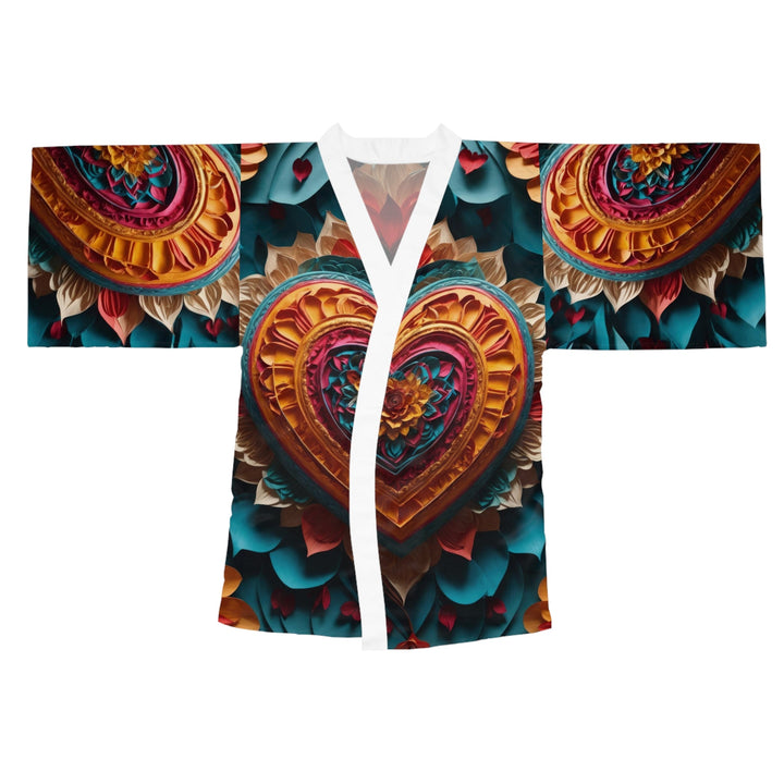 Vibrant Heart Bloom - Long Sleeve Kimono Robe - All Over Prints - g(0D·IO) - XS - White -