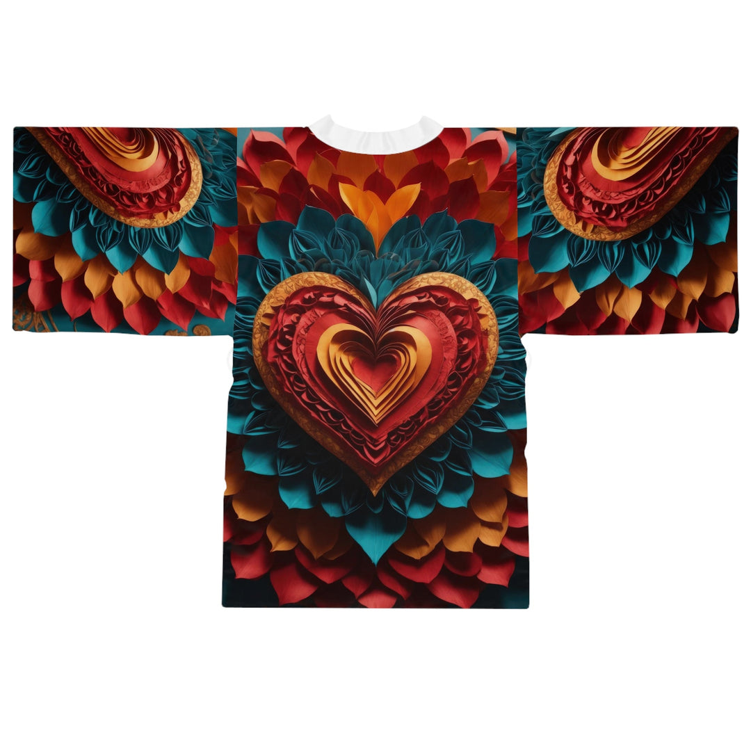 Vibrant Heart Bloom - Long Sleeve Kimono Robe - All Over Prints - g(0D·IO) - XS - Black -