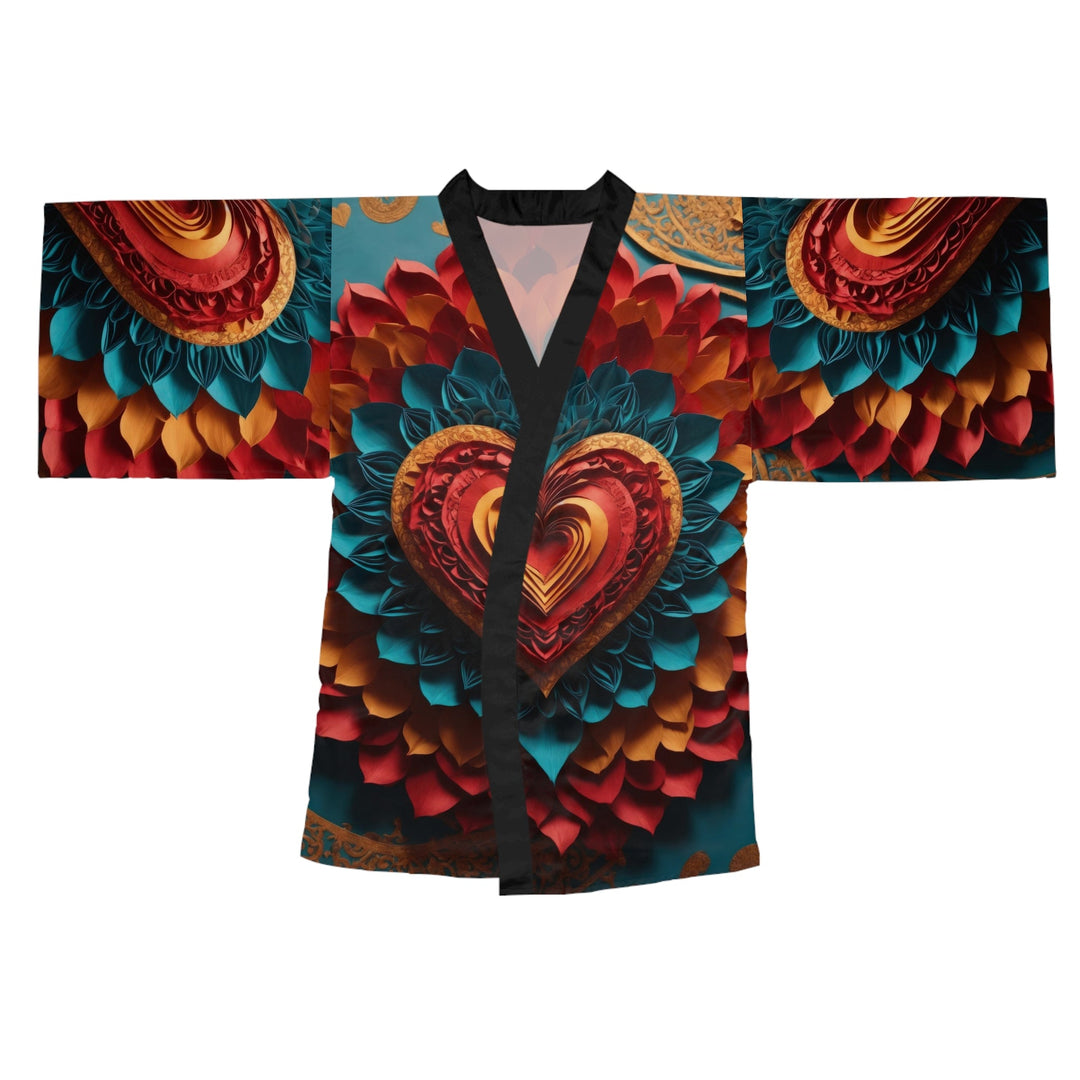 Vibrant Heart Bloom - Long Sleeve Kimono Robe - All Over Prints - g(0D·IO) - XS - Black -