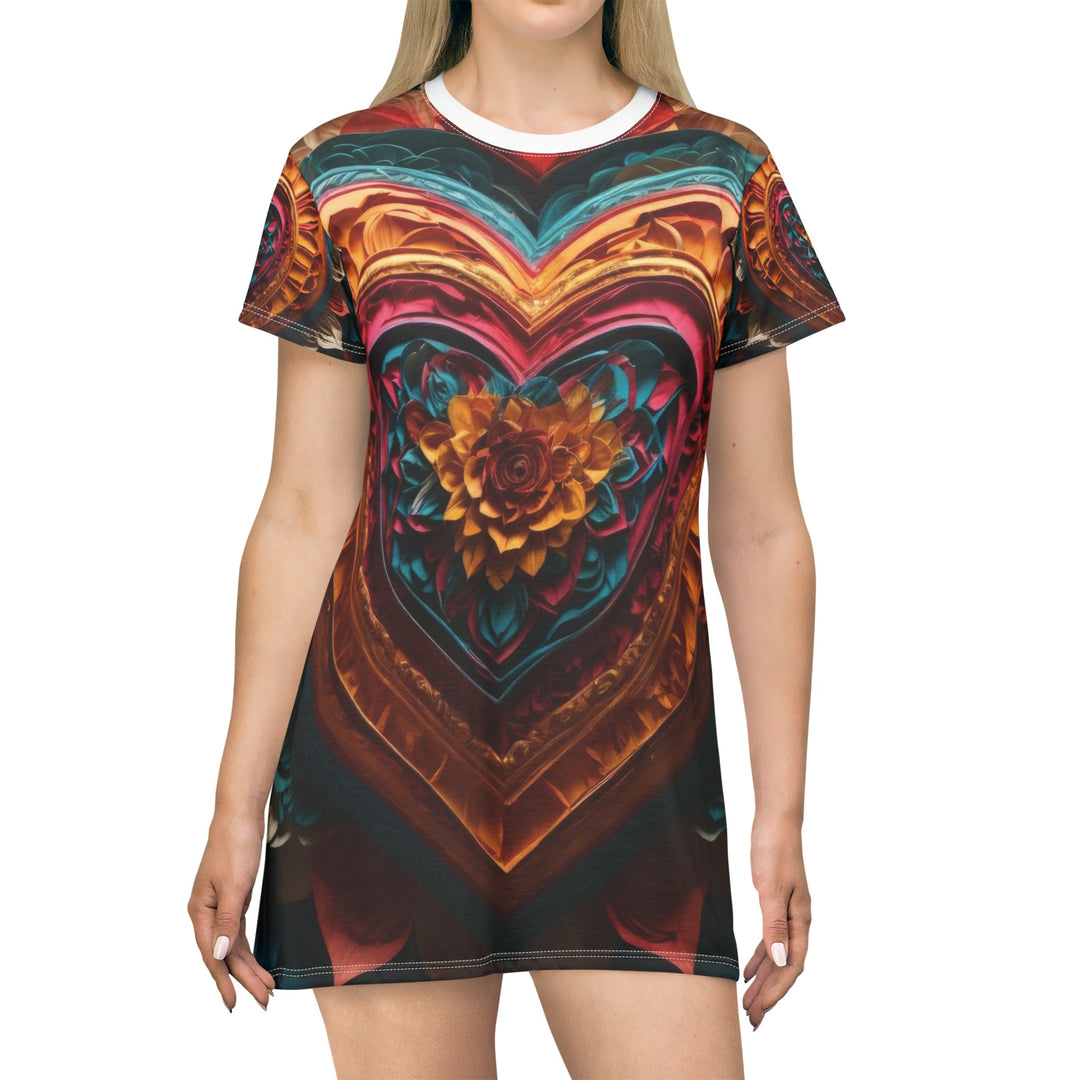 Vibrant Heart Bloom - T-Shirt Dress - All Over Prints - g(0D·IO) - XS - -