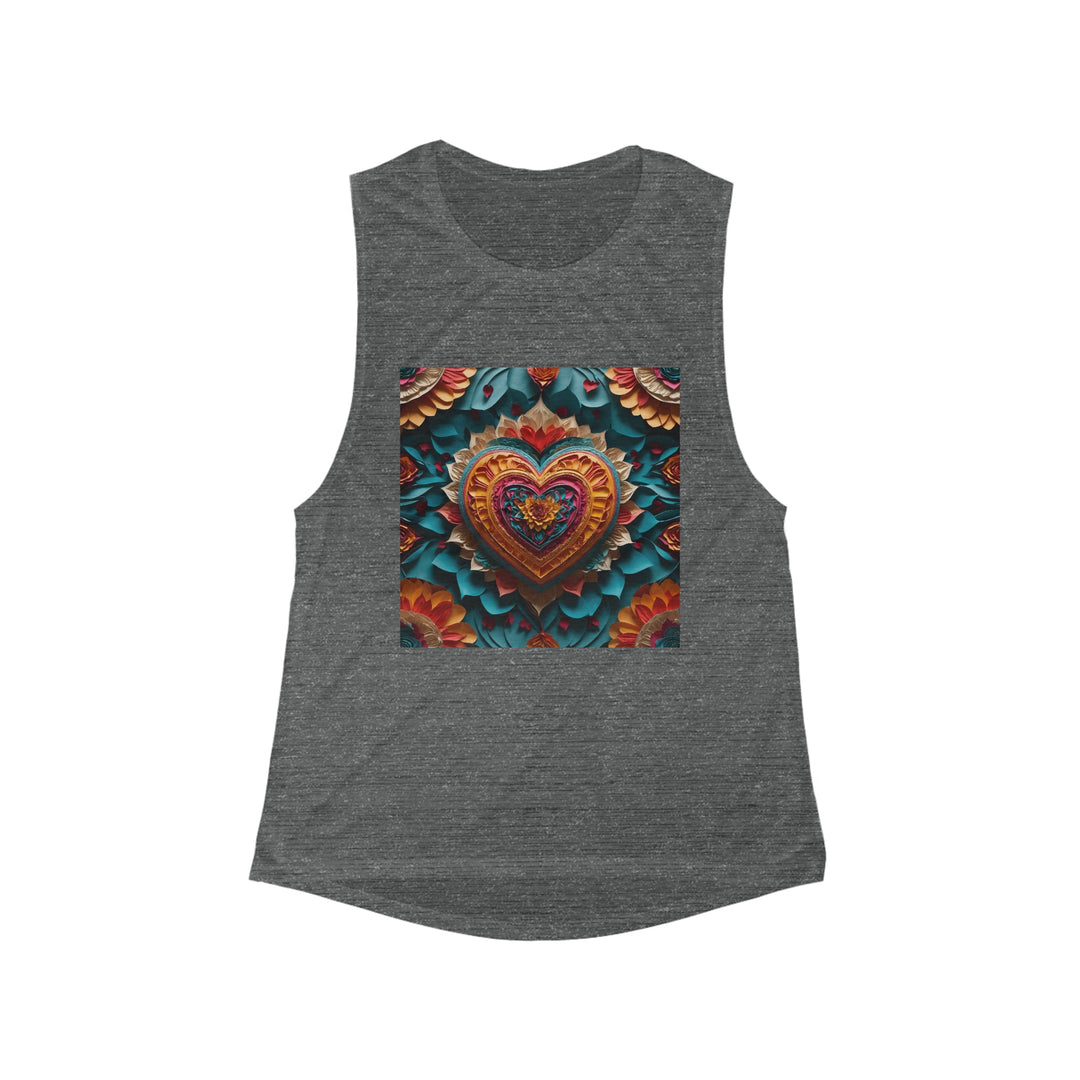 Vibrant Heart Bloom - Women's Flowy Scoop Muscle Tank - Tank Top - g(0D·IO) - S - Asphalt Slub -