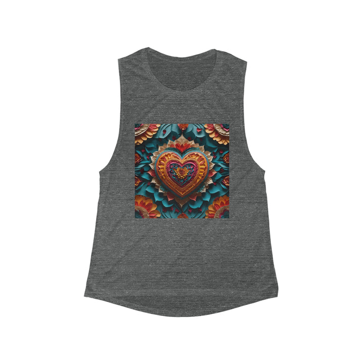 Vibrant Heart Bloom - Women's Flowy Scoop Muscle Tank - Tank Top - g(0D·IO) - S - Asphalt Slub -