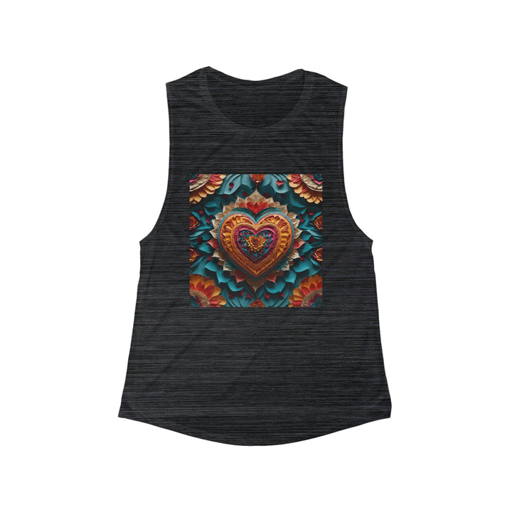 Vibrant Heart Bloom - Women's Flowy Scoop Muscle Tank - Tank Top - g(0D·IO) - S - Black Slub -