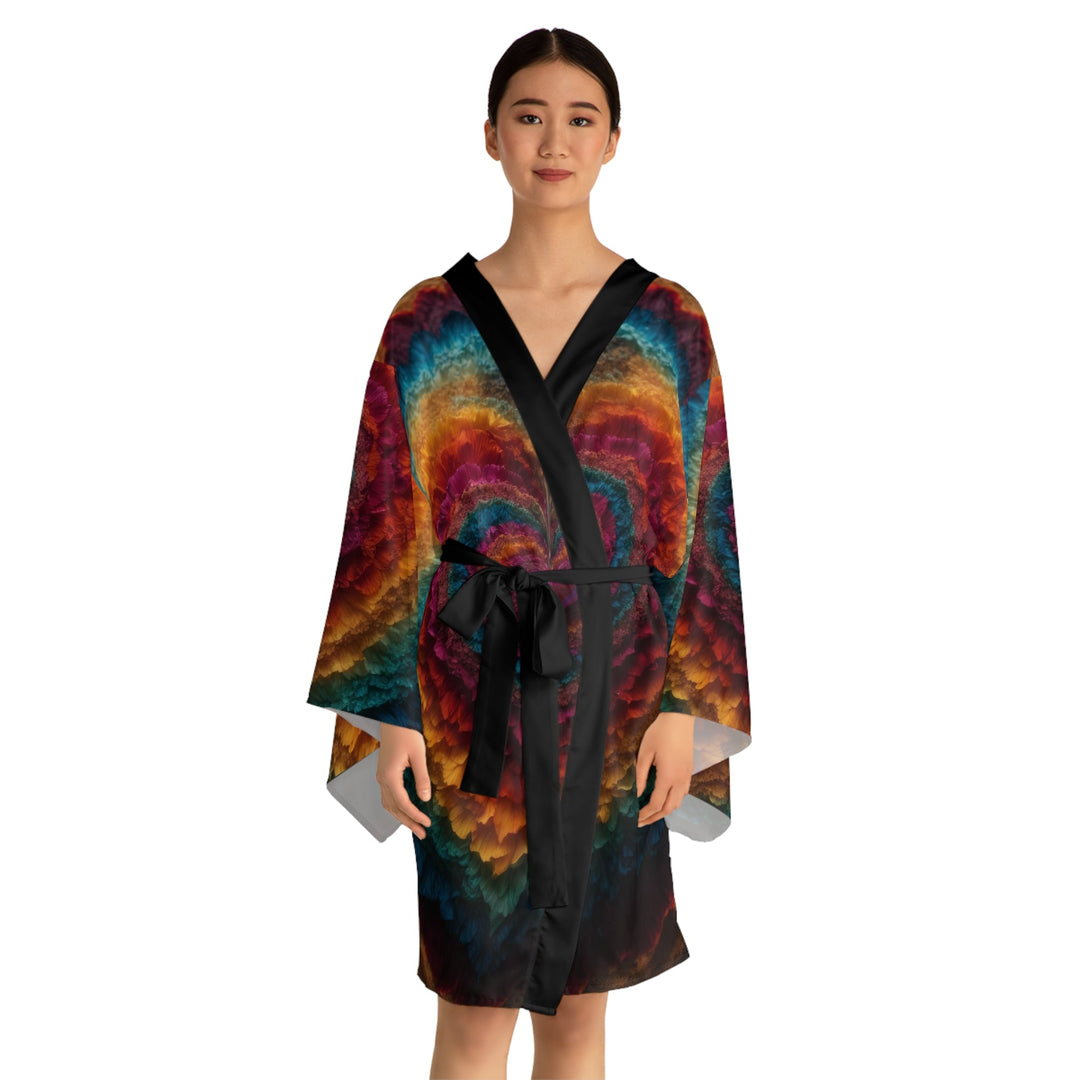 Vibrant Heart Layers - Long Sleeve Kimono Robe - All Over Prints - g(0D·IO) - XS - Black -