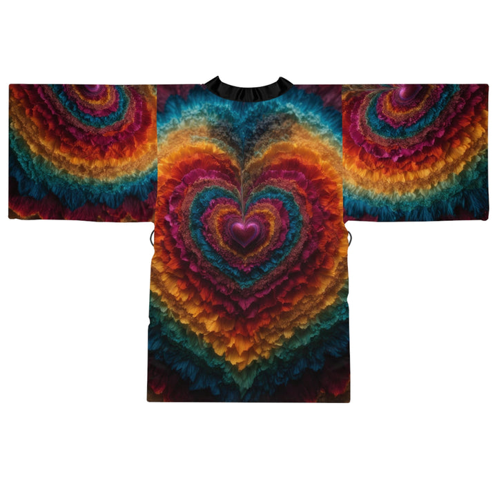 Vibrant Heart Layers - Long Sleeve Kimono Robe - All Over Prints - g(0D·IO) - XS - Black -