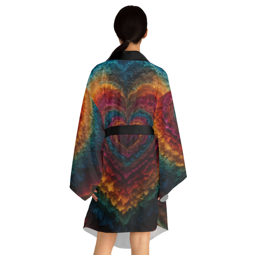 Vibrant Heart Layers - Long Sleeve Kimono Robe - All Over Prints - g(0D·IO) - XS - Black -