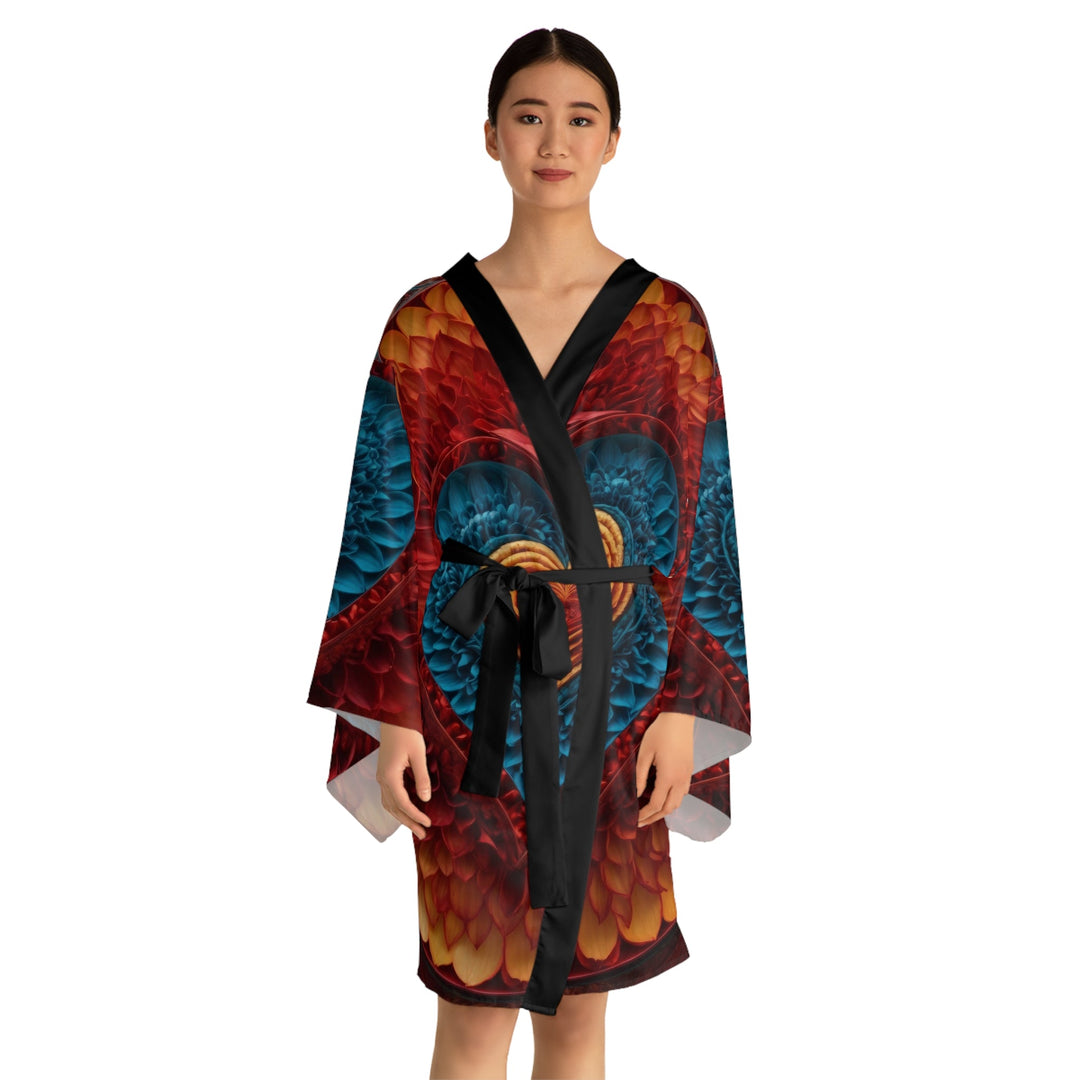 Vibrant Heart Layers - Long Sleeve Kimono Robe - All Over Prints - g(0D·IO) - XS - Black -