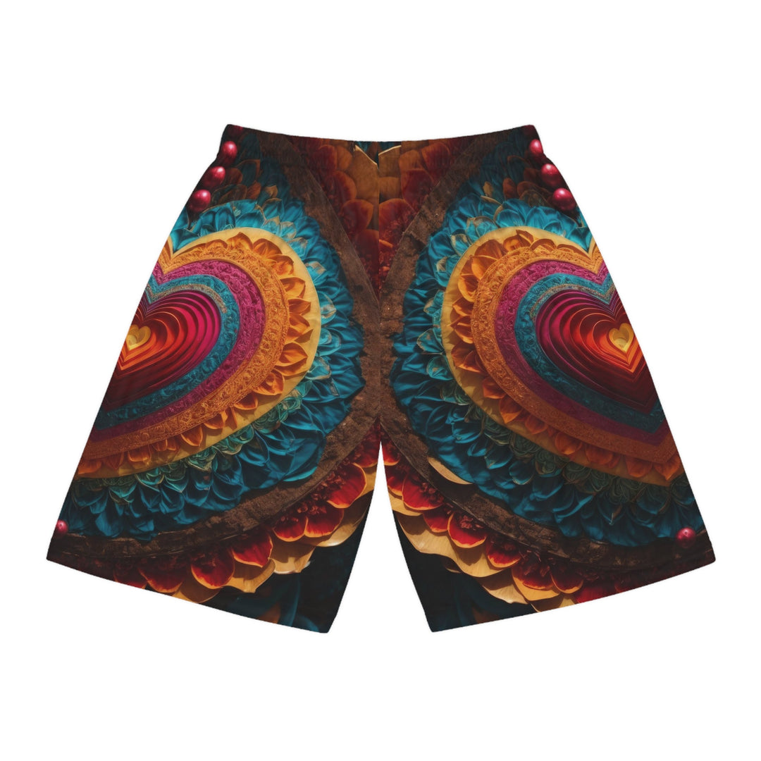 Vibrant Heart Mandala - AOP Basketball Shorts - All Over Prints - g(0D·IO) - Seam thread color automatically matched to design - XS -