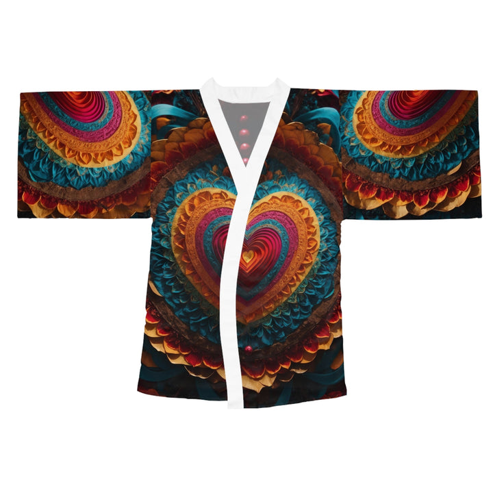 Vibrant Heart Mandala - Long Sleeve Kimono Robe - All Over Prints - g(0D·IO) - XS - White -