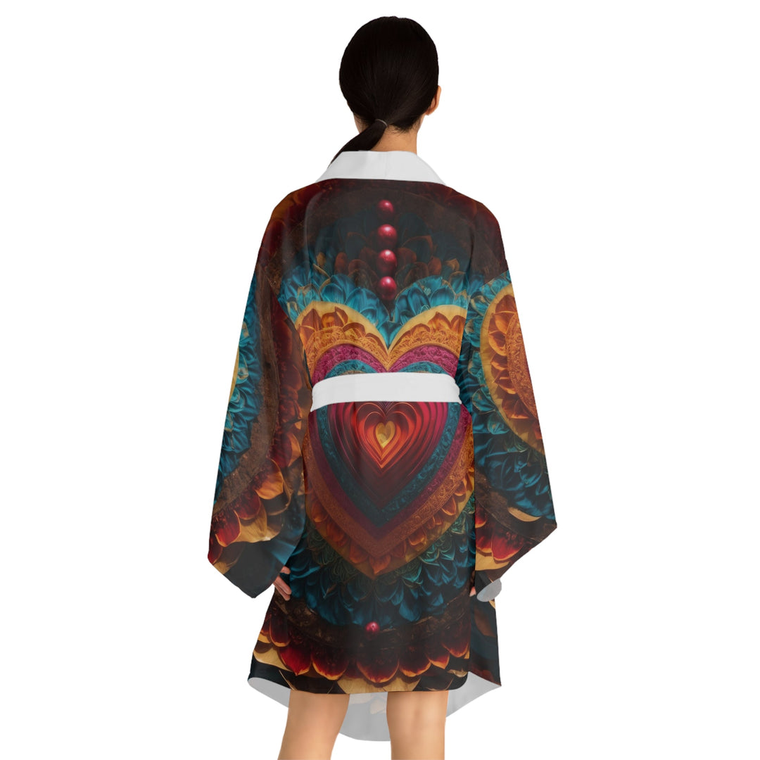 Vibrant Heart Mandala - Long Sleeve Kimono Robe - All Over Prints - g(0D·IO) - XS - Black -