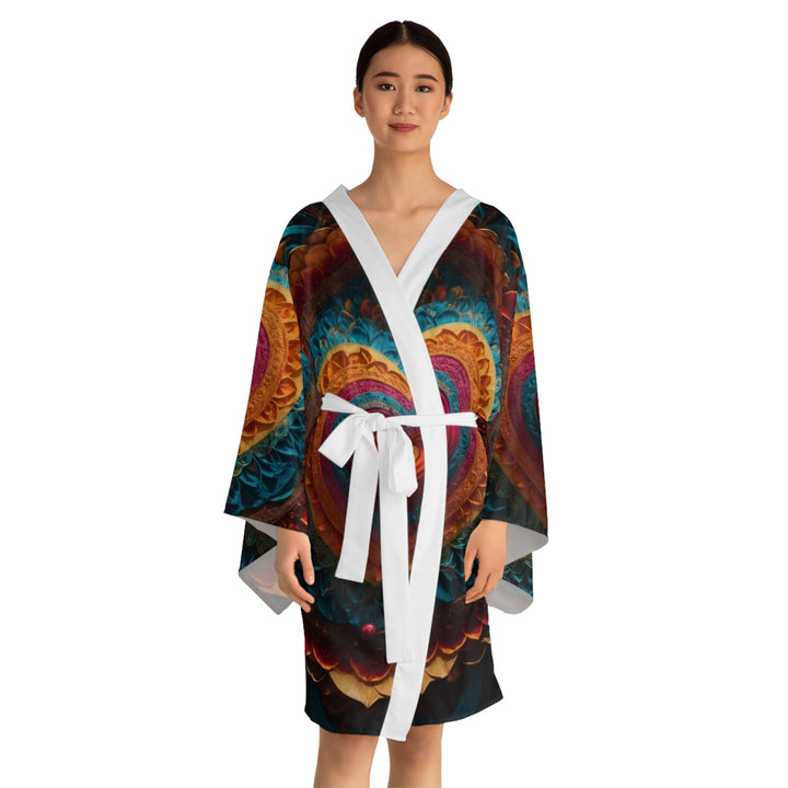 Vibrant Heart Mandala - Long Sleeve Kimono Robe - All Over Prints - g(0D·IO) - XS - Black -