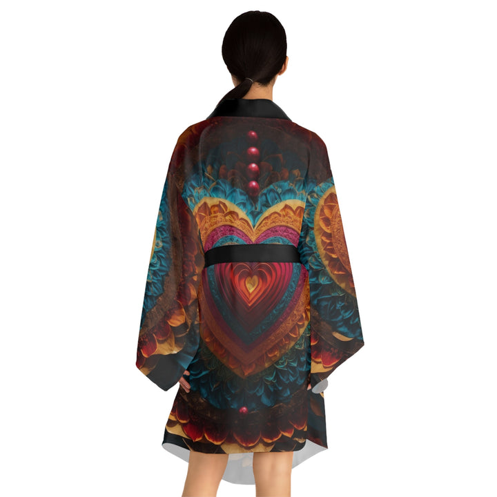 Vibrant Heart Mandala - Long Sleeve Kimono Robe - All Over Prints - g(0D·IO) - XS - Black -