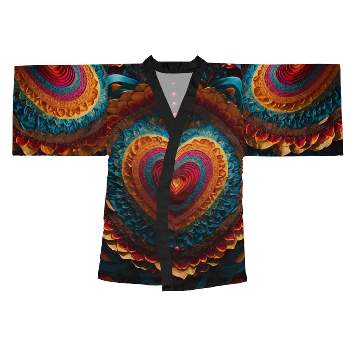 Vibrant Heart Mandala - Long Sleeve Kimono Robe - All Over Prints - g(0D·IO) - XS - Black -