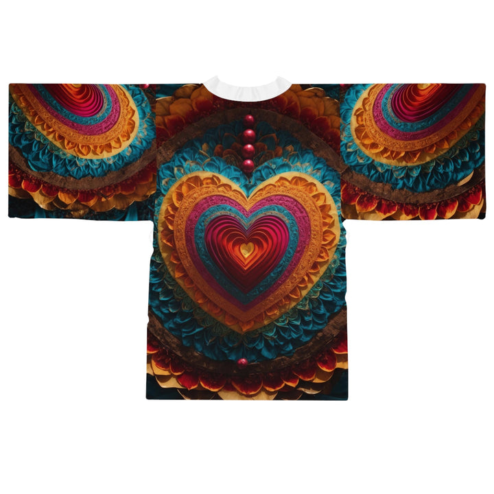 Vibrant Heart Mandala - Long Sleeve Kimono Robe - All Over Prints - g(0D·IO) - XS - Black -