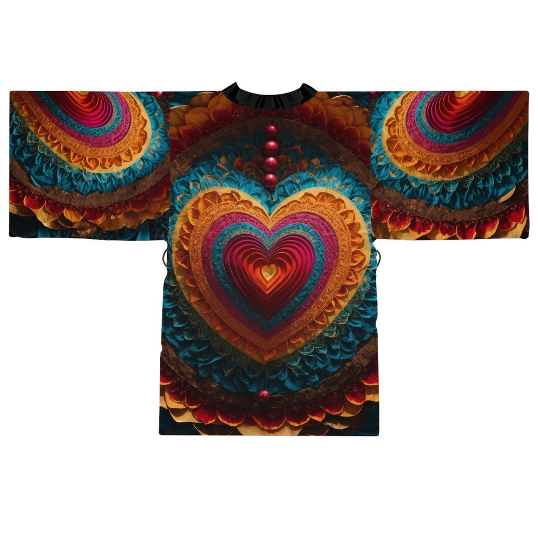 Vibrant Heart Mandala - Long Sleeve Kimono Robe - All Over Prints - g(0D·IO) - XS - Black -