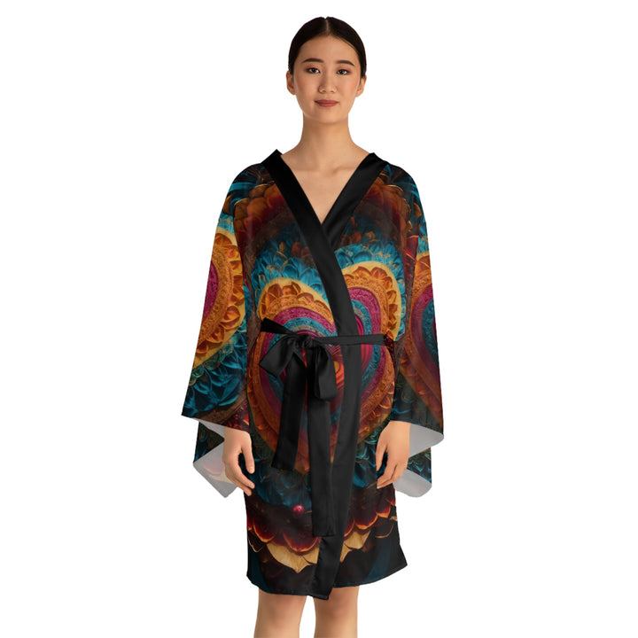 Vibrant Heart Mandala - Long Sleeve Kimono Robe - All Over Prints - g(0D·IO) - XS - Black -