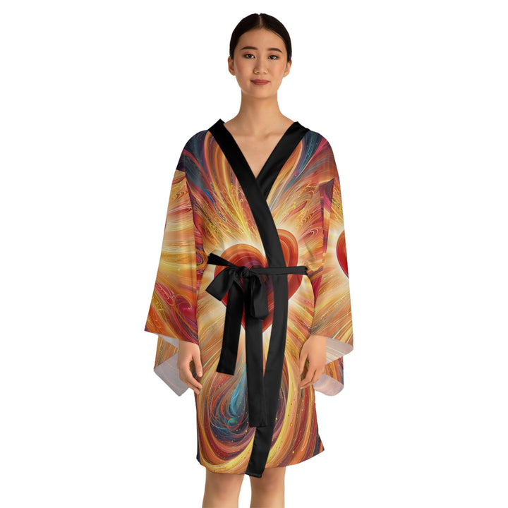 Vibrant Heart Nebula - Long Sleeve Kimono Robe - All Over Prints - g(0D·IO) - XS - Black -